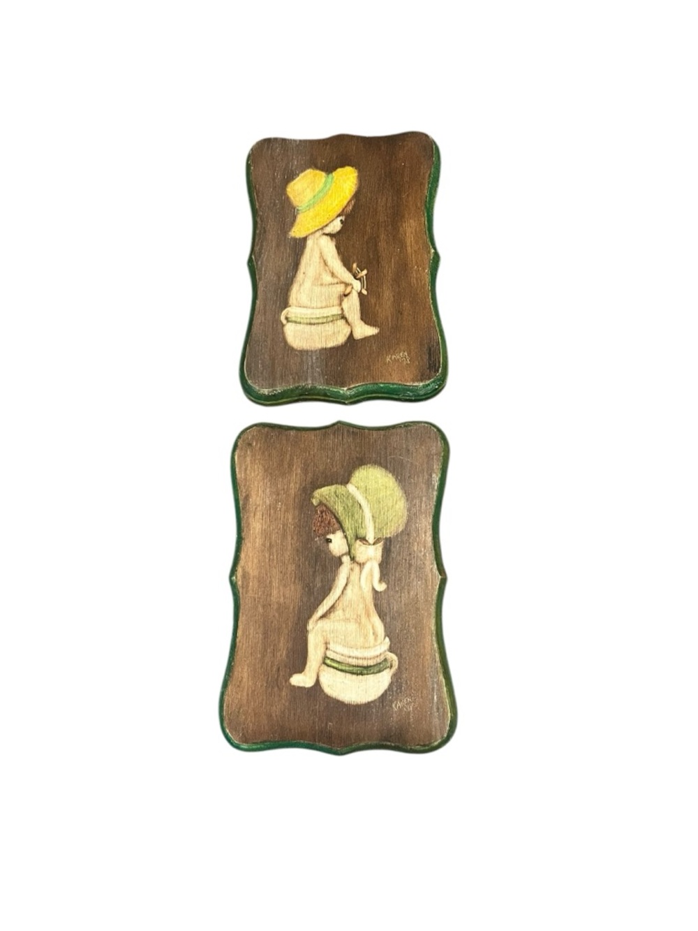 Vintage 1970s Wooden Wall Plaque Boy Girl Bathroom Chamber Pot Painted Signed